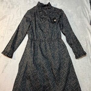 Vintage 80s Black Geometric Ruffle Midi Secretary Dress Long Sleeve Dot floral